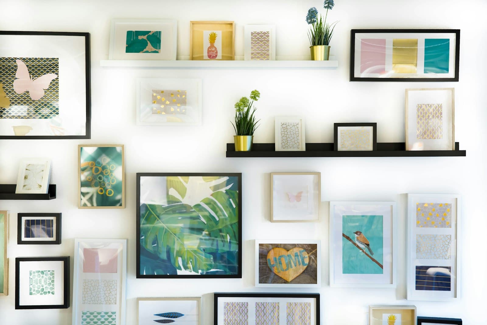 Framed art on a styled interior wall